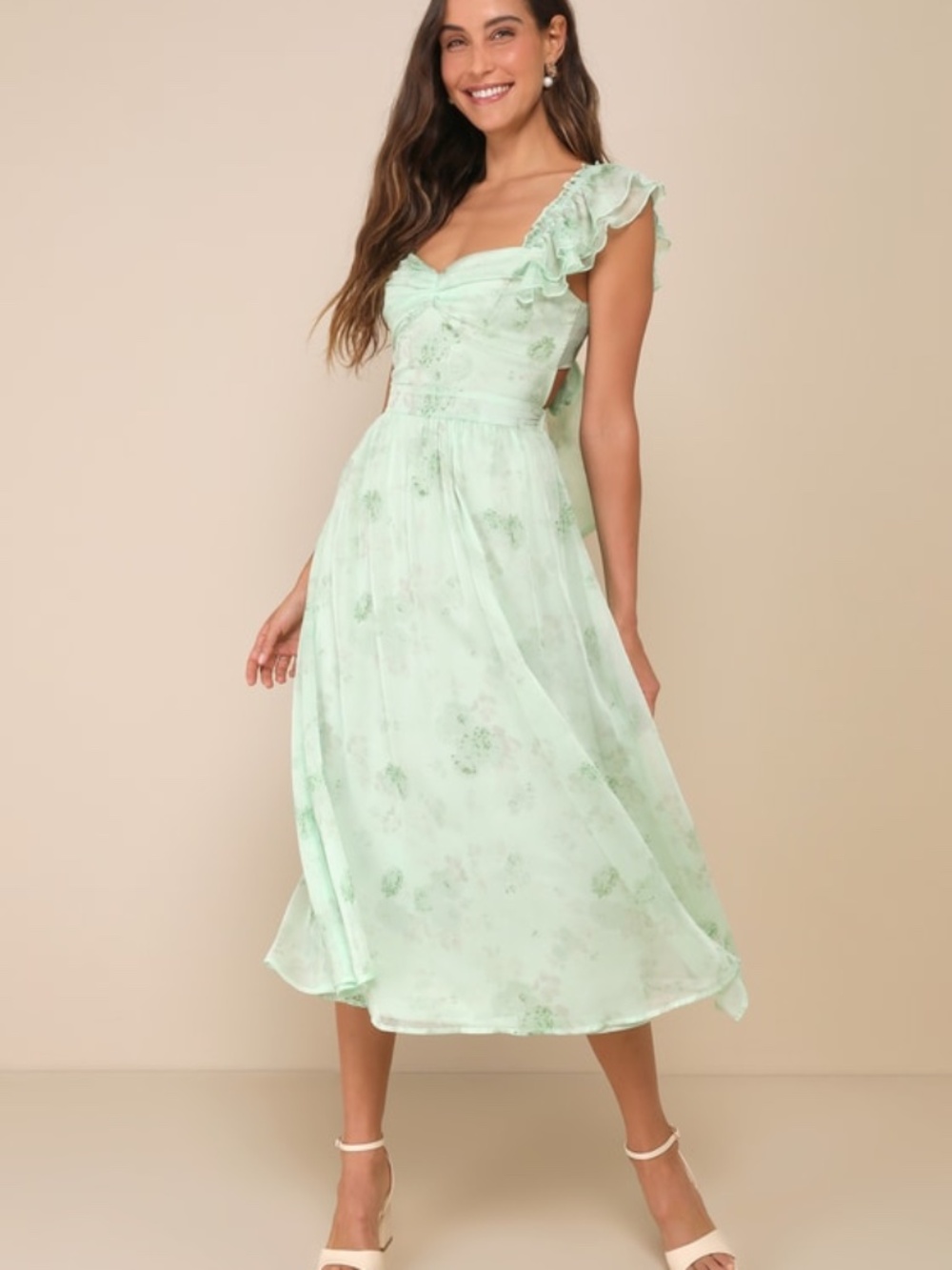 Lulus Loveliest Darling Light Green Floral Ruffled Tie-back Midi Dress - Size M